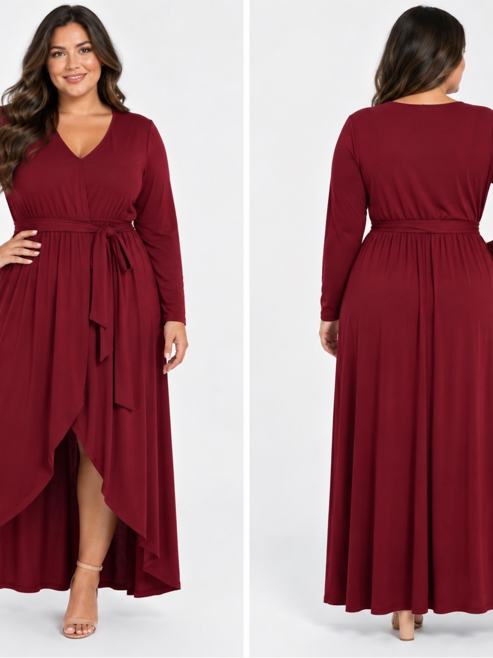 ININ Womens XL Burgundy Maxi Dress Long Sleeve V Neck